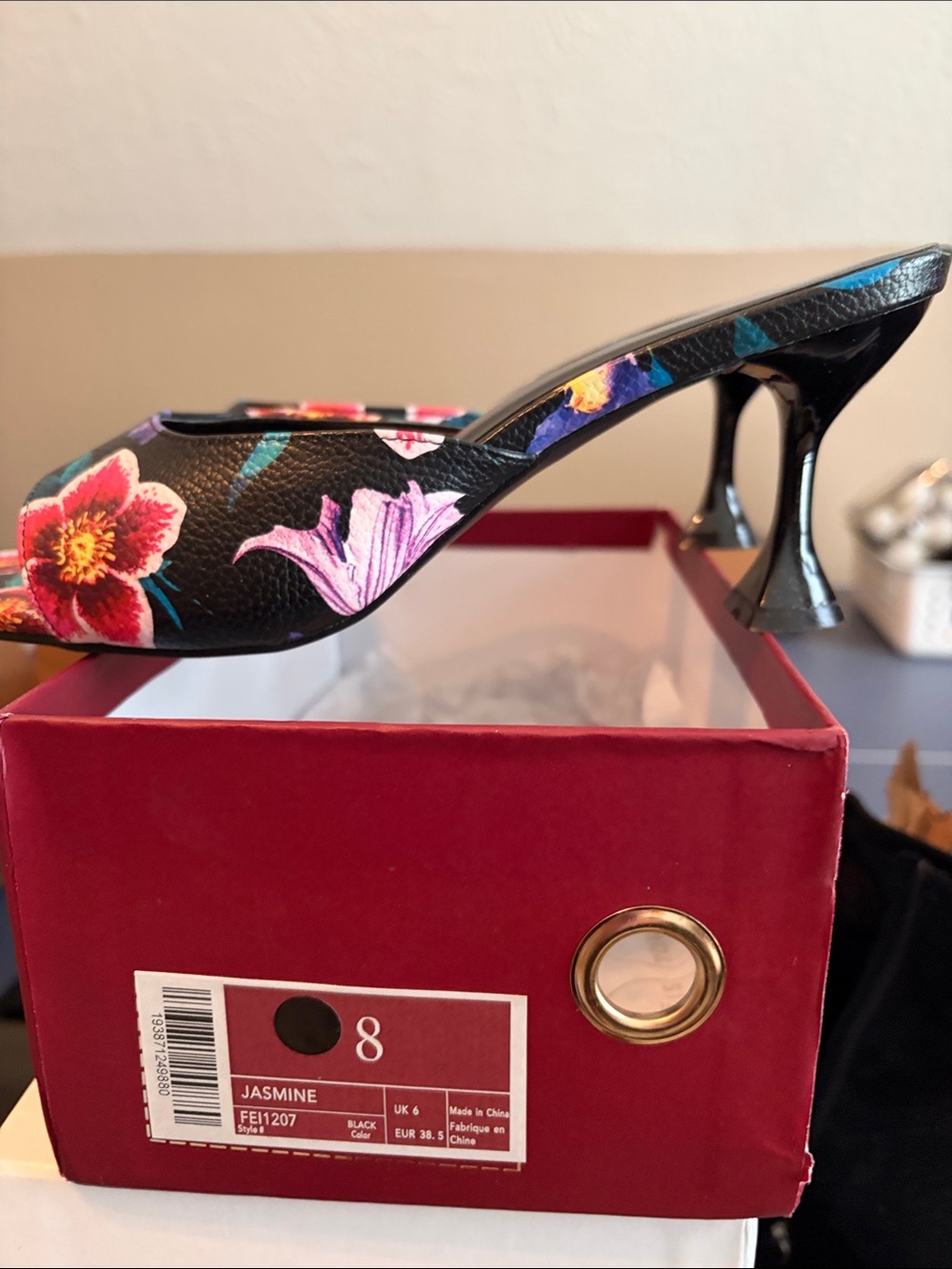 Jasmine Black Floral Leather Mule Heels